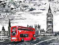 Big Ben és egy double-decker - szürke-piros művészi kép vászonkép, poszter vagy falikép