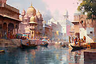 Varanasi Indiában a Gangesz mellett (vízfesték effekt) vászonkép, poszter vagy falikép