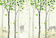 Zöld nyírfaerdő, legelésző szarvasokkal grafika vászonkép, poszter vagy falikép
