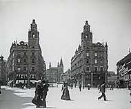 Ferenciek tere (Kígyó tér)-Klotild paloták,háttérben az épülő Erzsébet híd (1902) vászonkép, poszter vagy falikép