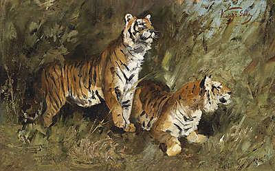 Tigrisek a fűben (keretezett kép) - vászonkép, falikép otthonra és irodába