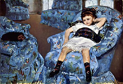 Kislány kék fotelben (keretezett kép) - vászonkép, falikép otthonra és irodába