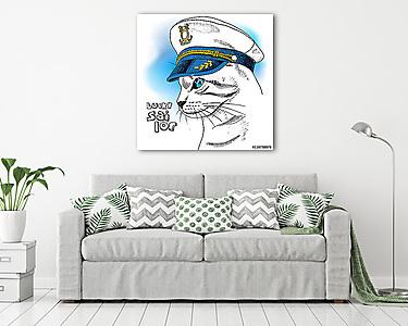 Portrait of a cat in sailor's cap on blue background. Vector ill (vászonkép) - vászonkép, falikép otthonra és irodába
