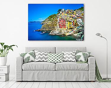Riomaggiore falu, sziklák és a tenger napnyugtakor. Cinque Terre (vászonkép) - vászonkép, falikép otthonra és irodába