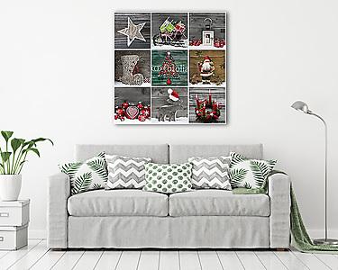 Kollázs: több motívum Karácsonyi dekoráció zöld és piros színben (vászonkép) - vászonkép, falikép otthonra és irodába