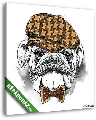 The poster with the image of the dog Bulldog with a mustache in  - vászonkép 3D látványterv