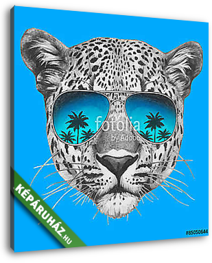 Hand drawn portrait of Leopard with mirror sunglasses. Vector is - vászonkép 3D látványterv
