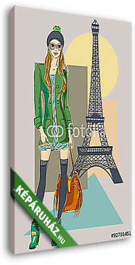 Ősz Párizsban. Divat lány az Eiffel-torony közelében - vászonkép 3D látványterv