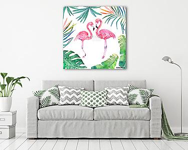Két flamingóval trópusi levelek (vászonkép) - vászonkép, falikép otthonra és irodába