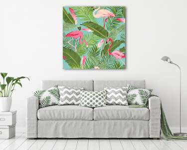 Trópusi zökkenőmentes vektor flamingó és virágos nyári mintázat. (vászonkép) - vászonkép, falikép otthonra és irodába