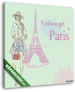 Paris Fashion lány az Eiffel-torony közelében - vászonkép 3D látványterv