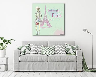 Paris Fashion lány az Eiffel-torony közelében (vászonkép) - vászonkép, falikép otthonra és irodába