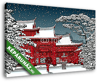 Japán vagy kínai templom hó alatt - vászonkép 3D látványterv