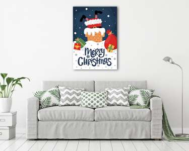 Vidám karácsonyi grafika 6. (Télapó a kéményben) (vászonkép) - vászonkép, falikép otthonra és irodába