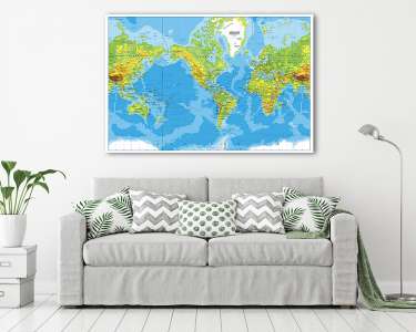 Amerika központú fizikai világtérkép (vászonkép) - vászonkép, falikép otthonra és irodába