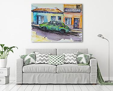 Zöld autó parkol (akvarell) (vászonkép) - vászonkép, falikép otthonra és irodába