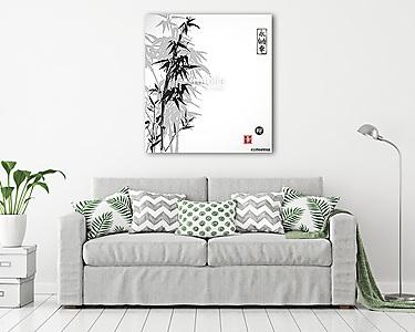 Bambusz kártya fehér alapon sumi-e stílusban. Kézzel rajzolt (vászonkép) - vászonkép, falikép otthonra és irodába