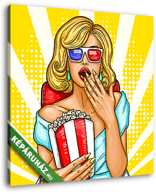Vector pop art illustration of a excited blond woman sitting in the auditorium and watching a 3D movie. - vászonkép 3D látványterv