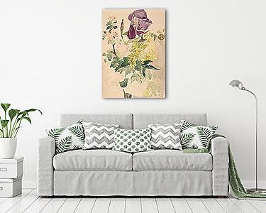 Virág kompozició, írisszel, aranyesővel és gólyaorral (geranium) (vászonkép) - vászonkép, falikép otthonra és irodába