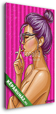 Vector pop art illustration of nude girl with closed eyes smoking cigarette. Sexy hipster woman in glasses on striped pink backg - vászonkép 3D látványterv