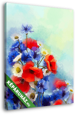 Az akvarell vörös mákvirág, a kék búzavirág és a fehér százszors - vászonkép 3D látványterv