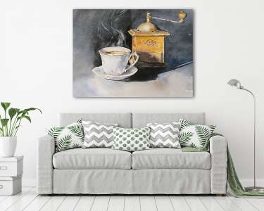 Csésze kávé régi kávédarálóval (akvarell) (vászonkép) - vászonkép, falikép otthonra és irodába