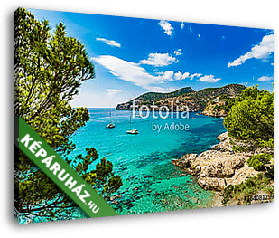 Idyllic sea view scenery of bay with boats on Majorca Island - vászonkép 3D látványterv