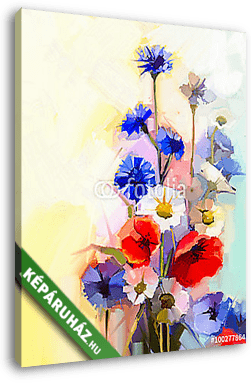 Olajfestés vörös mákvirág, kék búzavirág és fehér százszorszép. - vászonkép 3D látványterv