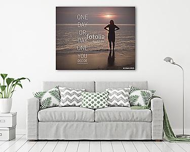 Inspirational quote on silhouette of woman walking on the beach (vászonkép) - vászonkép, falikép otthonra és irodába
