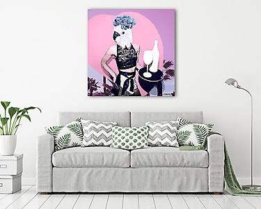 Contemporary art collage. Tropical parrot waitress. Concept my unicorn life (vászonkép) - vászonkép, falikép otthonra és irodába