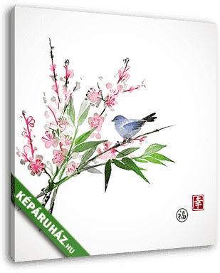 Sakura virágban, bambusz ág és kis kék madár fehér b - vászonkép 3D látványterv