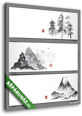 Három bannerek hegyekkel és erdőkkel. A hagyományos japánok - vászonkép 3D látványterv