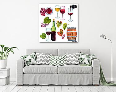 Szőlő, bor, hordó, szőlőlevél, poharak montázs (akvarell) (vászonkép) - vászonkép, falikép otthonra és irodába