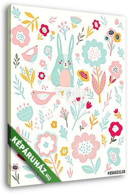 Pattern with little bunny and flowers - vászonkép 3D látványterv
