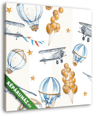 Hőlégballon , repülővel, csíkos tapétaminta gyerekszobába - vászonkép 3D látványterv