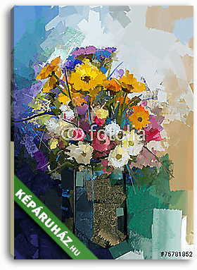 Váza színes virágcsokorral. (olajfestmény reprodukció) - vászonkép 3D látványterv