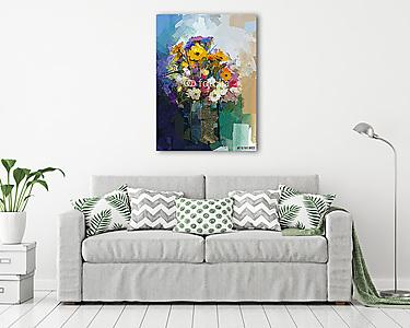 Váza színes virágcsokorral. (olajfestmény reprodukció) (vászonkép) - vászonkép, falikép otthonra és irodába