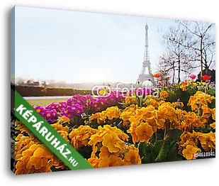 Párizs tavasszal, sárga virágok az előtérben és az Eiffel-torony - vászonkép 3D látványterv
