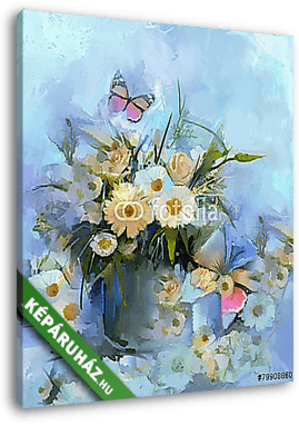 Váza csendéletes virágcsokorral, pillangóolaj festéssel - vászonkép 3D látványterv