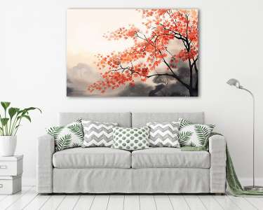 Őszi japán tájkép 2. (vizfesték effekt) (vászonkép) - vászonkép, falikép otthonra és irodába