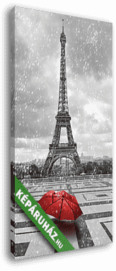 Eiffel-torony az esőben. Fekete-fehér fénykép piros elemekkel - vászonkép 3D látványterv