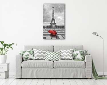 Eiffel-torony az esőben. Fekete-fehér fénykép piros elemekkel (vászonkép) - vászonkép, falikép otthonra és irodába