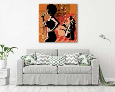 Jazz énekes szaxofonos és dupla basszusgitárokkal (vászonkép) - vászonkép, falikép otthonra és irodába