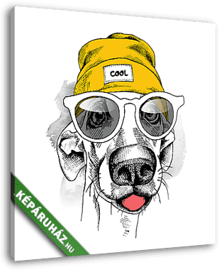 Portrait of dog in a yellow Hipster hat and with glasses. Vector - vászonkép 3D látványterv