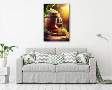 Egy pohár bor, szőlő és hordó 1. (vászonkép) - vászonkép, falikép otthonra és irodába