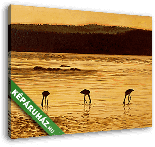 Olajfestés - flamingók a naplementében, a tengerben és a hegyekb - vászonkép 3D látványterv