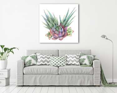 Watercolor bouquet of cacti and succulent plants isolated on whi (vászonkép) - vászonkép, falikép otthonra és irodába