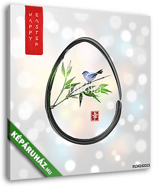 Húsvéti kártya tojással és kis madárral bambuszágon kézzel rajzo - vászonkép 3D látványterv