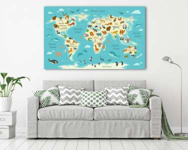 Világtérkép állatokkal, világoskék (vászonkép) - vászonkép, falikép otthonra és irodába