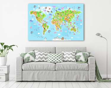 Vektor világtérkép gyerekszobába, állatokkal, világoskék (vászonkép) - vászonkép, falikép otthonra és irodába